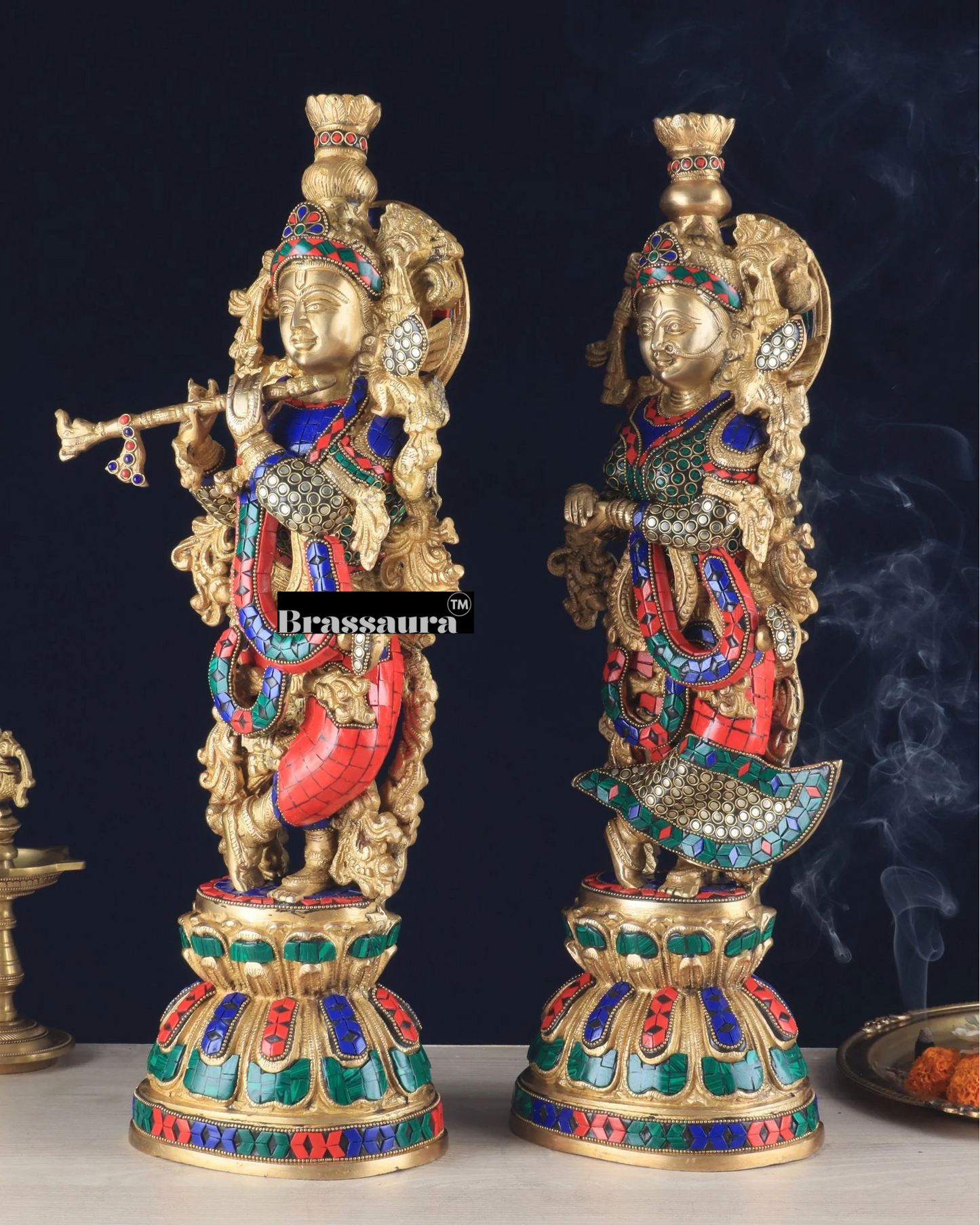 Brassaura™ Pure Brass Radha Krishna Statue with Brass Rings & Stones – Height 21 Inches & Weight 18 Kgs | Elegant Devotional Idol