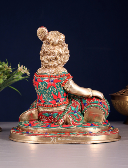 Brassaura™ Pure Brass Baby Krishna Makhan Chor Idol with Meenakari Stonework – Height 8 Inches & Weight 3.5 Kgs
