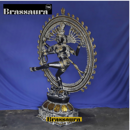 Brassaura™ Brass Nataraja Idol with Ornamental Frame – 54 inch | 76.17 kg | Antique Finish | Dancing Shiva Statue for Temple, Home & Cultural Decor