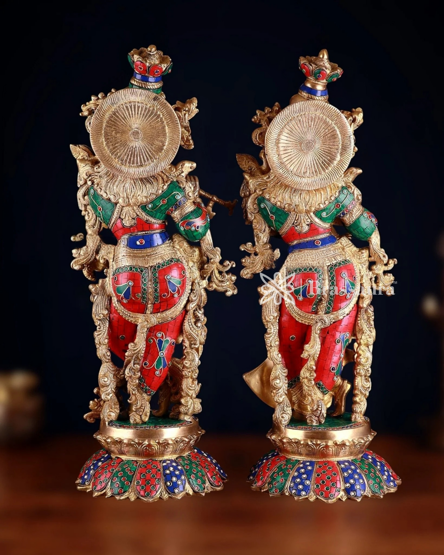 Brassaura™ Handcrafted Brass Radha Krishna Idol Pair with Lotus Base – Height 27 Inches & Weight 40 Kgs | Elegant Devotional Statue