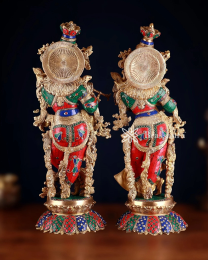Brassaura™ Handcrafted Brass Radha Krishna Idol Pair with Lotus Base – Height 27 Inches & Weight 40 Kgs | Elegant Devotional Statue