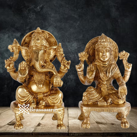 Brassaura™ Brass Laxmi Ganesha Statue – Height 5.5 Inches & Weight 1.8 Kgs | Hindu God Murti