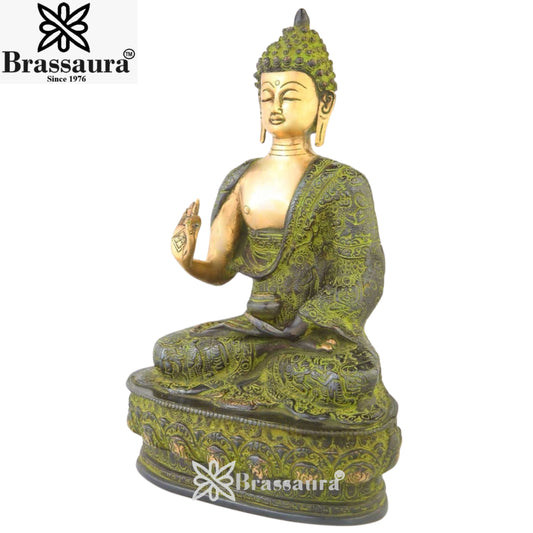 Brassaura® Brass Classic Buddha Idol with Green Antique Finish in Seated Meditation Pose – Pure Superfine Brass Handcrafted Murti, Brass Statue for Home Temple, Pooja Room – 14 Inch, 4.2 Kg