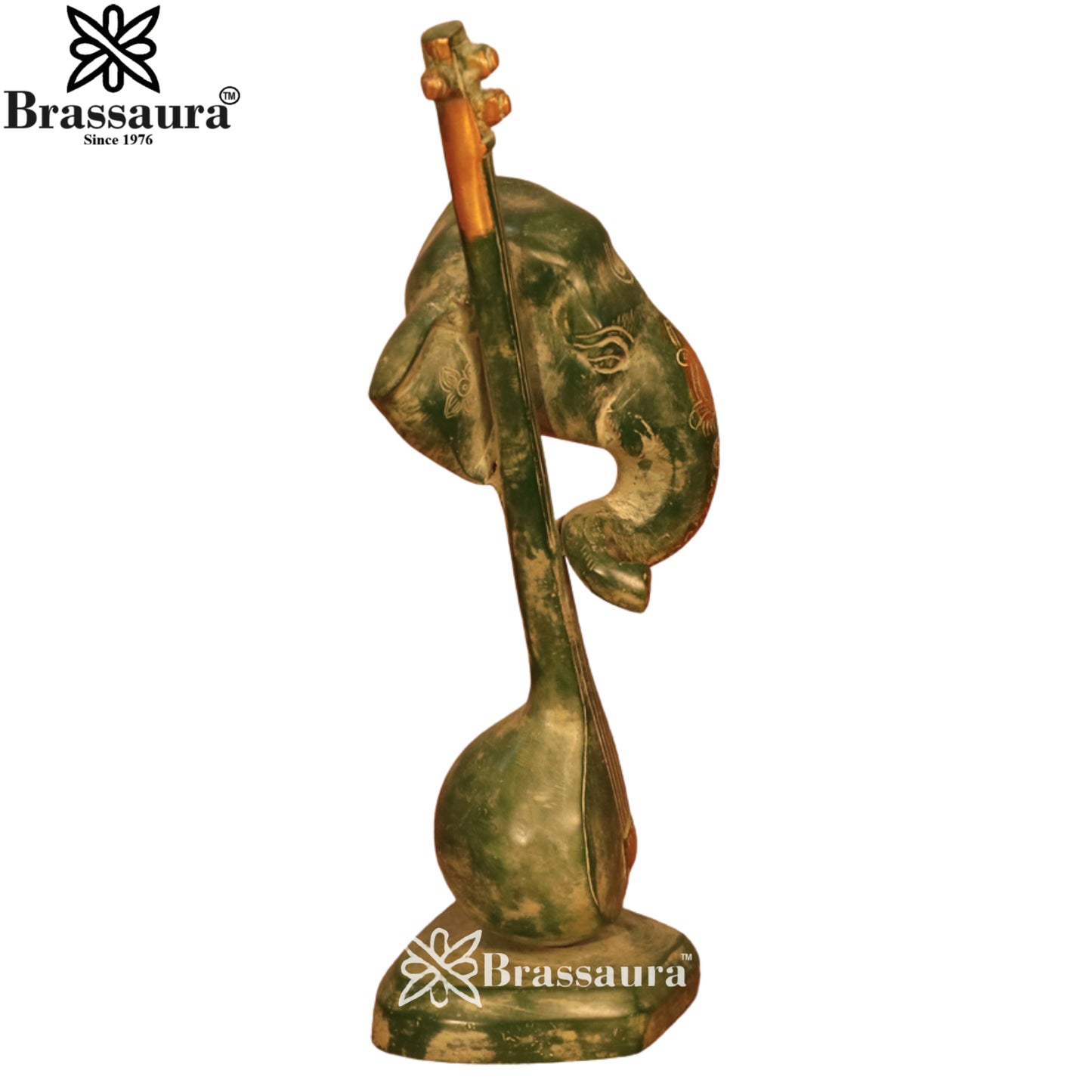 Brass Antique Ganesha & Guitar Statue Weight 3.2 Kg & Height 12.2 Inch