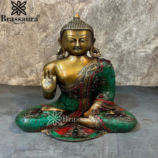 Brass Blessing Gem Stone Work Buddha Weight 6.1 kg & Height 12.5 Inch