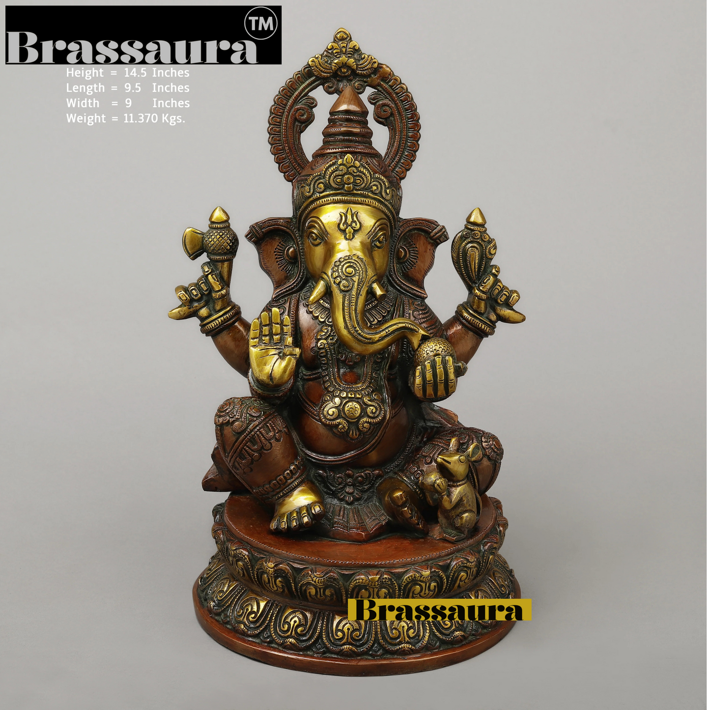 Brassaura™ Brass Ganesh on Pedestal in Blessing Posture – Height 14.5 Inches, Weight 11.37 Kgs