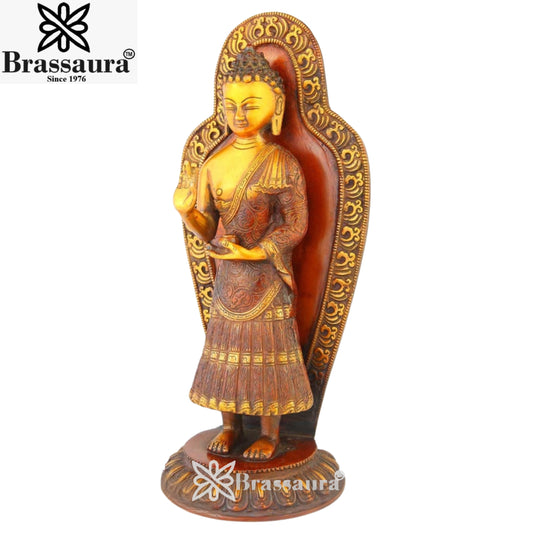 Brassaura® Brass Antique Standing Buddha Idol – Pure Superfine Brass Handcrafted Murti, Brass Statue for Home Temple, Pooja Room – 14 Inch, 5 Kg