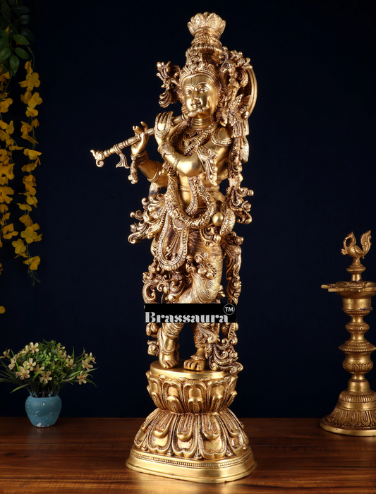 Brassaura® Superfine Brass Lord Krishna Playing Flute Idol | Handcrafted Krishna Murti for Home Temple, Pooja Room, Spiritual Décor & Gifting | Height 30 Inches | Weight 20 Kg