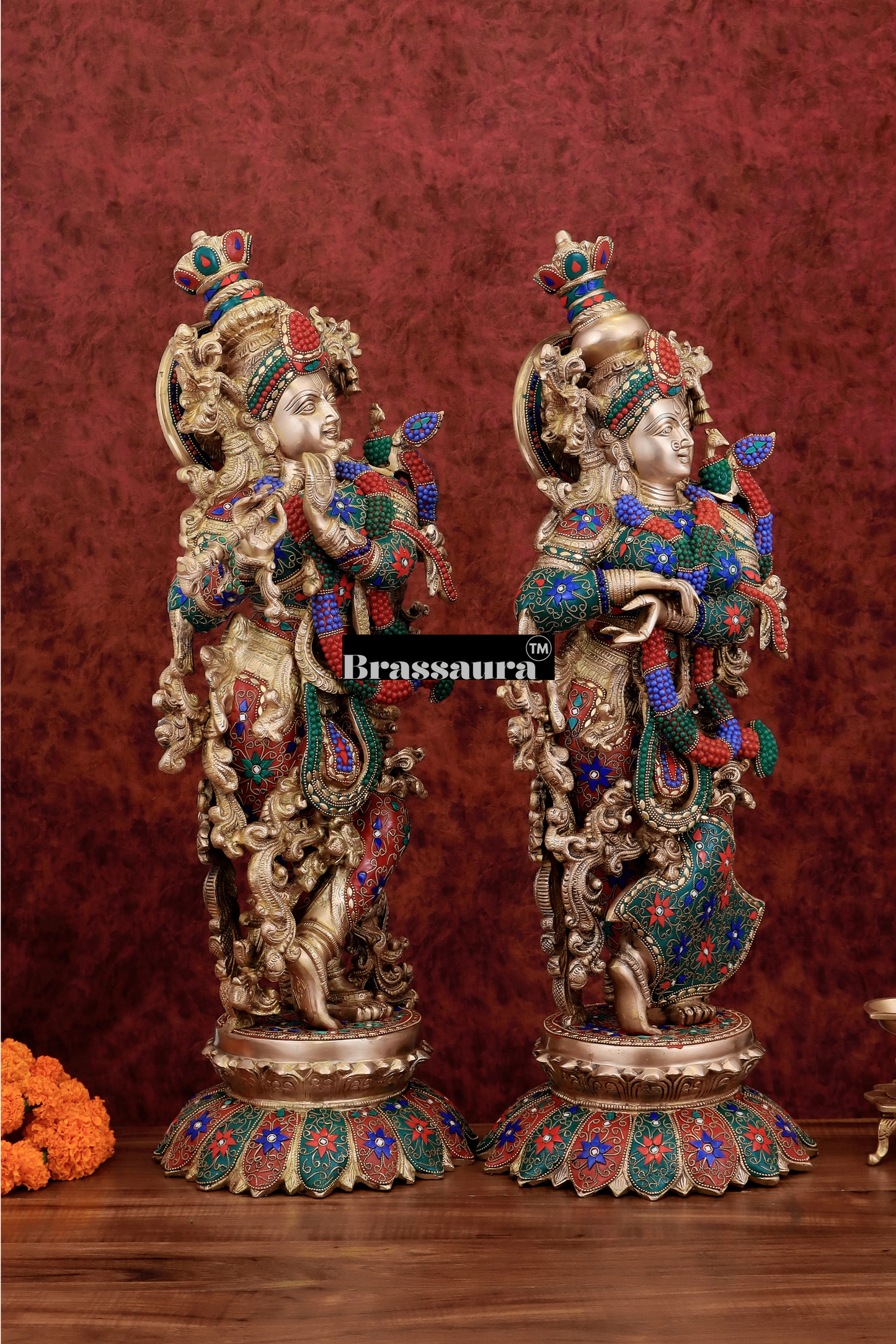 Brassaura™ Pure Brass Radha Krishna Statue with Triple-Layered Meenakari – Height 27 Inches & Weight 40 Kgs | Majestic Devotional Idol