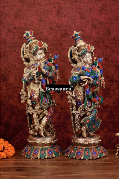 Brassaura™ Pure Brass Radha Krishna Statue with Triple-Layered Meenakari – Height 27 Inches & Weight 40 Kgs | Majestic Devotional Idol