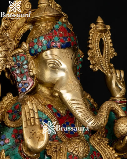 Brass Jewellery Gem Stone Work Ganesha Statue Weight 22 Kg And Height 21 Inch