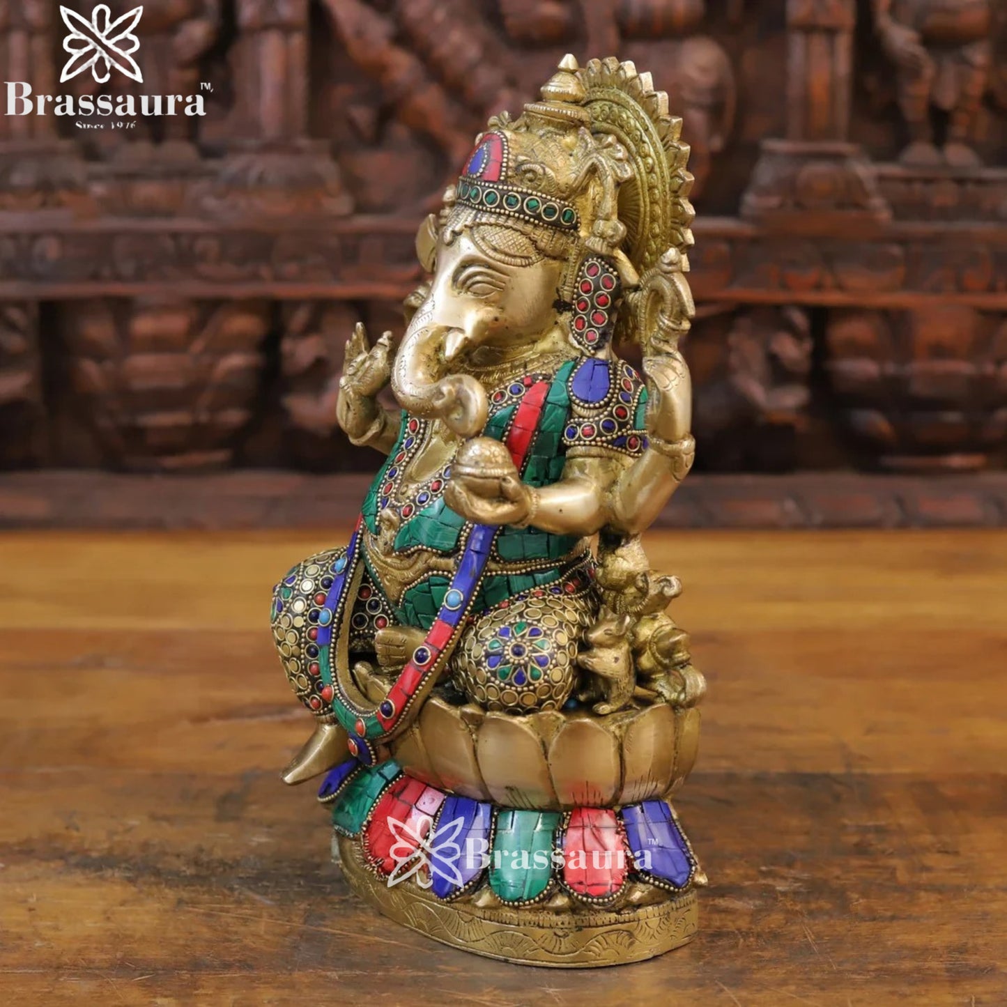 Brass Gem Stone Work Lotus Ganesha Weight 5.36 Kg & Height 12 Inch