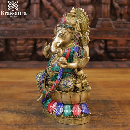 Brass Gem Stone Work Lotus Ganesha Weight 5.36 Kg & Height 12 Inch