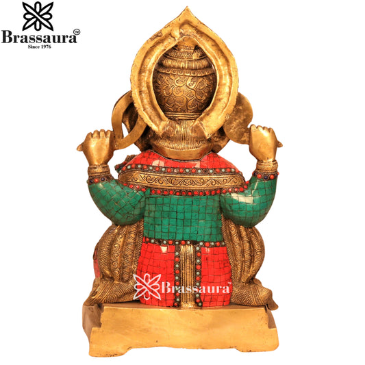 ब्रासुरा® मोज़ेक क्राफ्टेड स्टोन बीडेड गणेश पीतल की मूर्ति | पीतल की प्रतिमा | ऊँचाई 18 इंच और वज़न 16.9 किलोग्राम