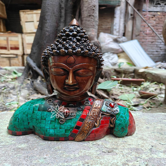 Brass Head Gem Stone Work Buddha Weight 3.4 kg & Height 10.5 Inch