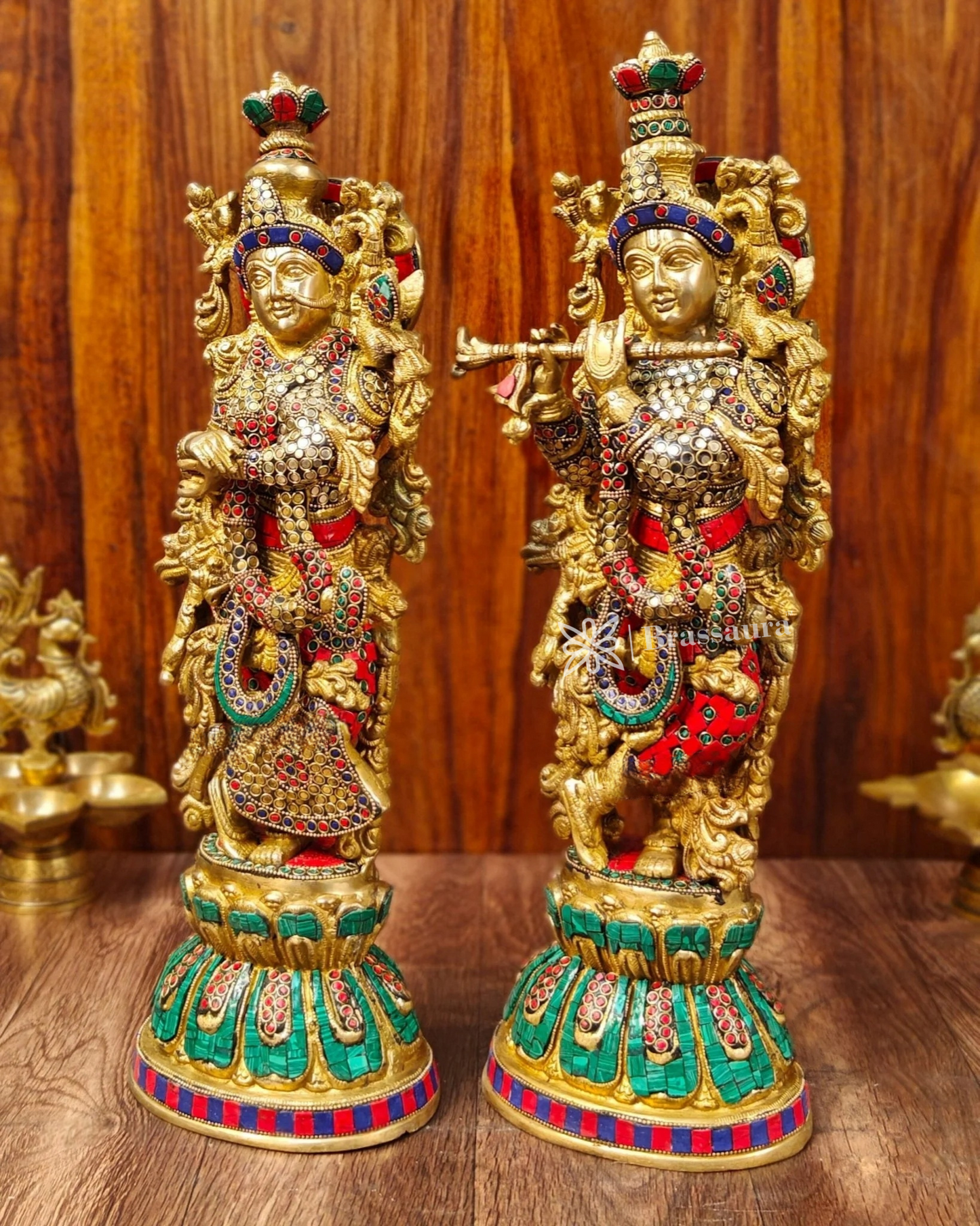 Brassaura™ Handcrafted Radha Krishna Statues – 21 Inch Height, 19 Kg Pair | Brass & Natural Stone Embellished