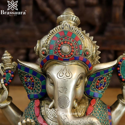 Brass Gem Stone Work Ganesha Weight 14 Kg & Height 15 Inch