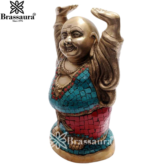 Brassaura® Gem Stone Work Standing Buddha Idol for Home & Décor | Pure Superfine Brass Handcrafted Murti, Brass Statue for Home Temple, Pooja Room | Height 11 Inches | Weight 5.5 Kg