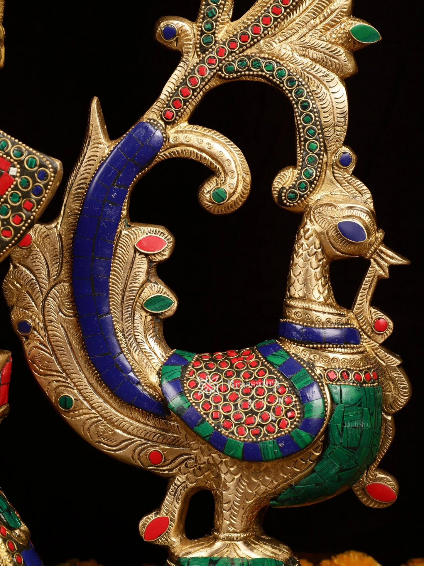 Brassaura™ Brass Radha Krishna Statue with Peacock Temple Arch – 45 Inch Height, 67 Kg | Meenakari Hindu Temple Decor