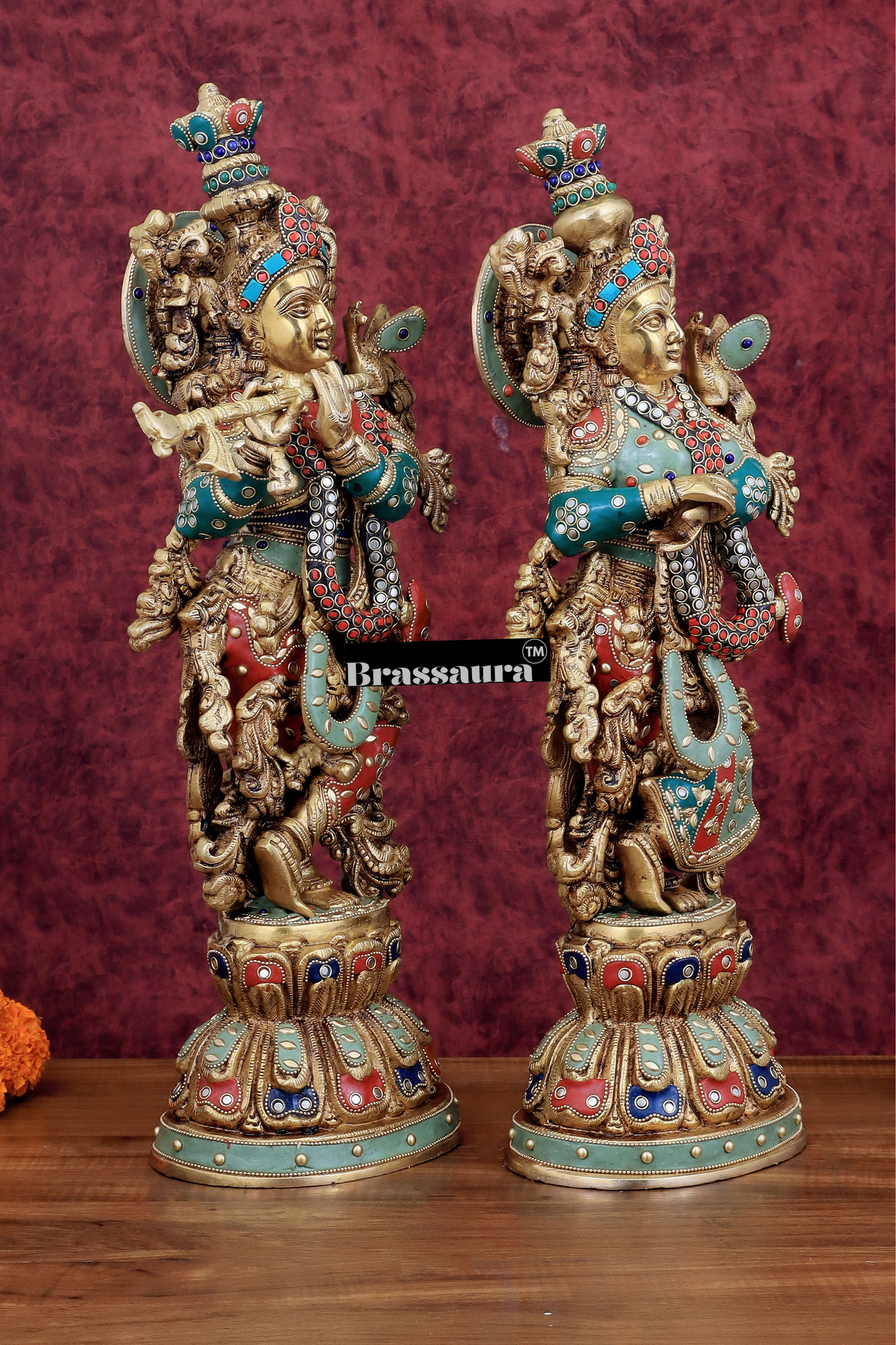 Brassaura™ Brass Radha Krishna Idol Pair – Height 21 Inches & Weight 18 Kgs | Handcrafted Devotional Statues