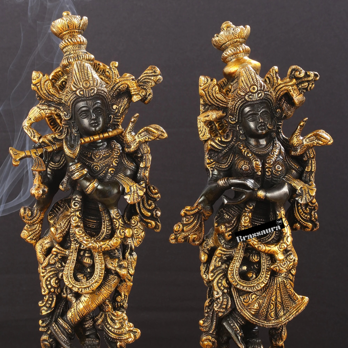 Brassaura™ Brass Radha Krishna Idol Pair – Height 15 Inches & Weight 10 Kgs | Black & Gold Finish Devotional Statue