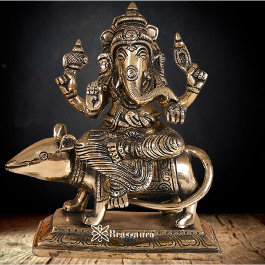 Brass Ganesha On Rat Statue Weight 2 Kg & Height 7 Inch