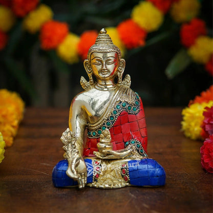 Brass Bhumisprasa Gem Stone Work Buddha Weight 1.1 kg & Height 6 Inch
