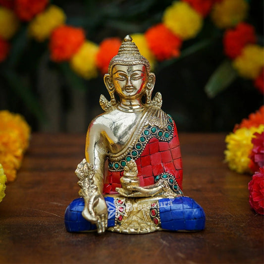 Brass Bhumisprasa Gem Stone Work Buddha Weight 1.1 kg & Height 6 Inch