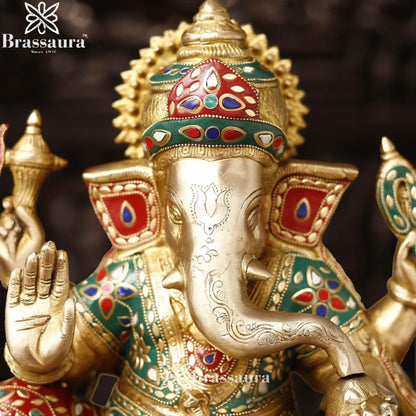 Brass Gem Stone Work Ganesha Weight 16 Kg & Height 15.5 Inch