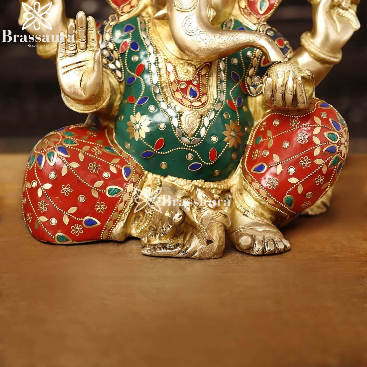 Brass Gem Stone Work Ganesha Weight 11.6 Kg & Height 13.5 Inch