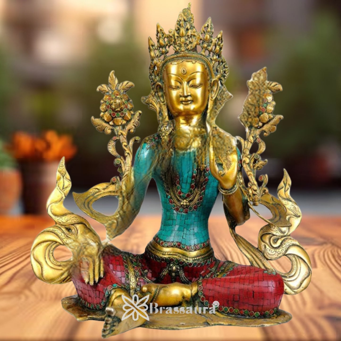 Brass Gem Stone Work Tara Weight 14 Kg & Height 18.5 Inch