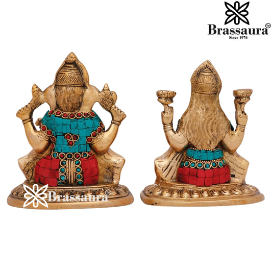 Brassaura® Lakshmi Ganesha Gemstone Brass Idol Set | Handcrafted Divine Prosperity Murti | Height 6 Inches