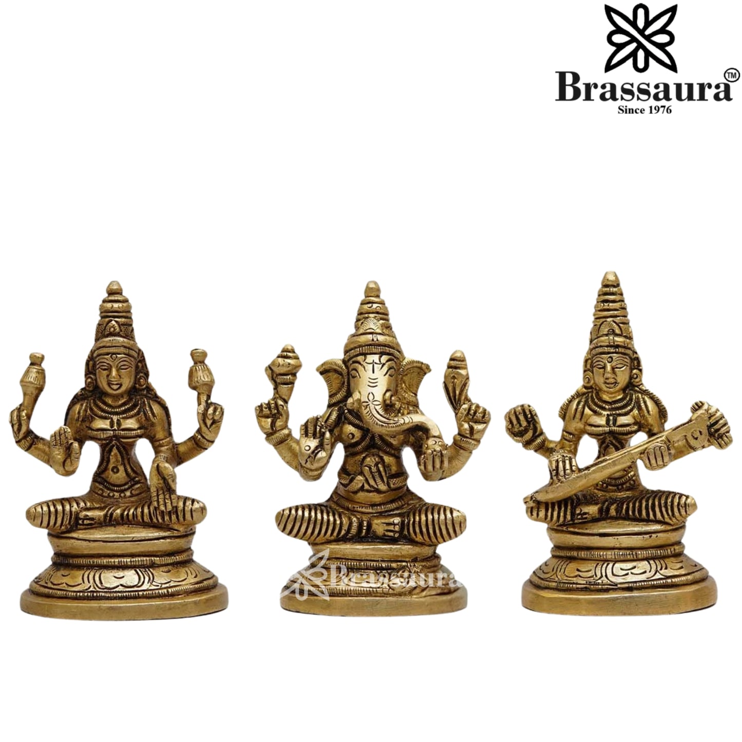 Brassaura™ Handcrafted Brass Laxmi Ganesha Saraswati Murti – Height 3.5 Inches & Weight 0.9 Kgs | Puja Room Idol