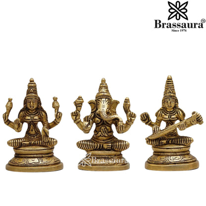 Brassaura™ Handcrafted Brass Laxmi Ganesha Saraswati Murti – Height 3.5 Inches & Weight 0.9 Kgs | Puja Room Idol