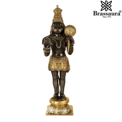 Brassaura® Hanuman Standing Blessing Idol with Golden Brass And Charcoal Black Finish | Pure Superfine Brass Handcrafted Murti | Brass Statue for Home Temple, Pooja Room | Height 21 Inches | Weight 9.2 Kgs