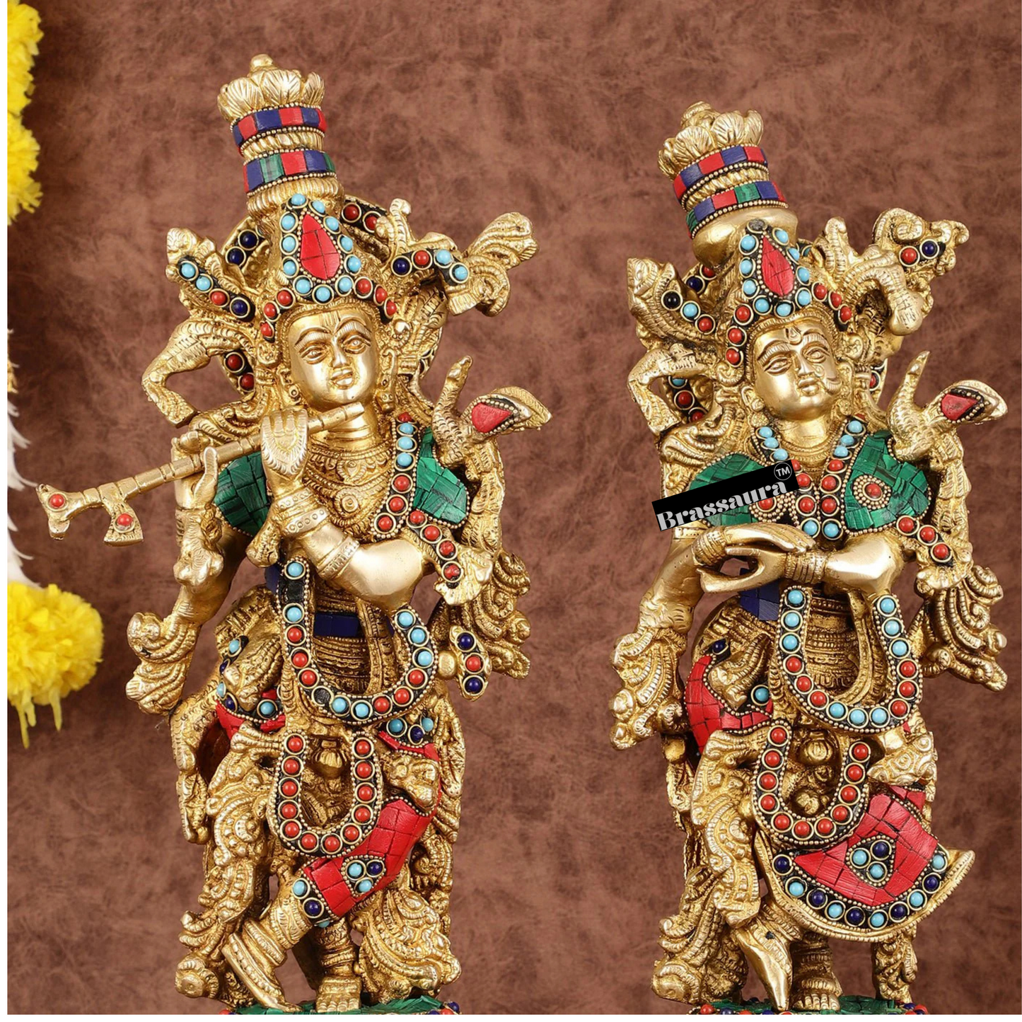 Brassaura™ Intricately Crafted Brass Radha Krishna Idols with Stonework – Height 15 Inches & Weight 10 Kgs | Divine Love Pair