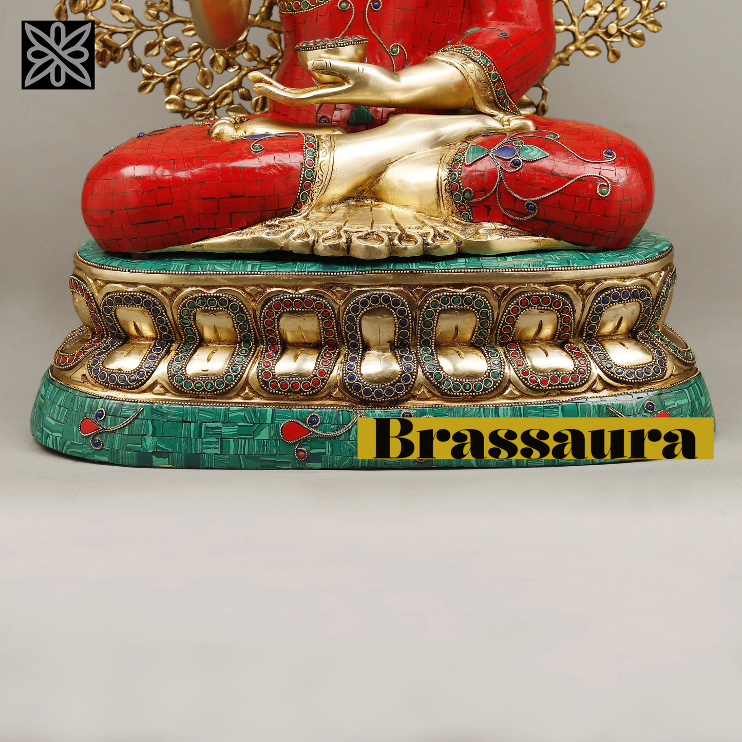 Brassaura™ Brass Buddha Statue under Kalpavriksha Tree – Height 29 Inches | Weight 31.98 Kgs | Meenakari Stonework