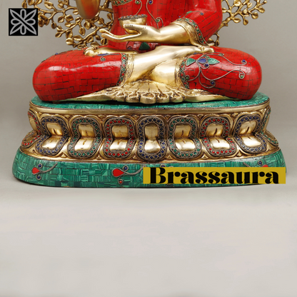 Brassaura™ Brass Buddha Statue under Kalpavriksha Tree – Height 29 Inches | Weight 31.98 Kgs | Meenakari Stonework