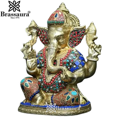 Brass Gem Stone Work Ganesha Statue Weight 4.1 Kg And Height 9 Inch