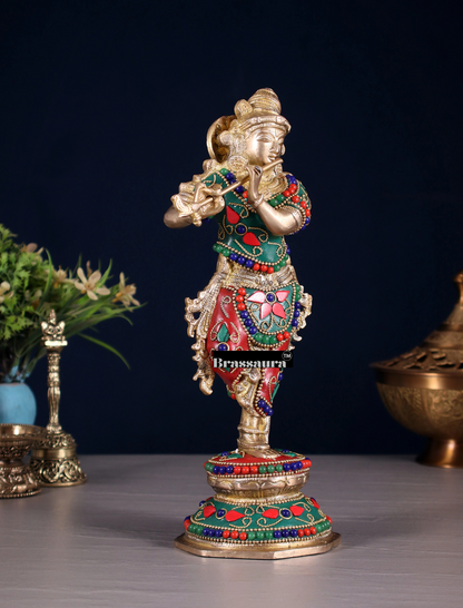 BrassAura™ Unique Brass Krishna Statue – Floral Stonework Design | Height 9.5 Inch | Weight 2 Kg
