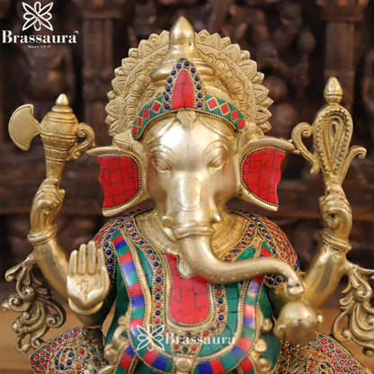 Brass Gem Stone Work Ganesha Weight 13.8 Kg & Height 17 Inch