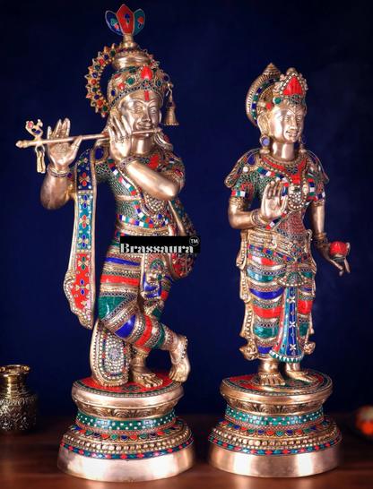 Brassaura™ Handcrafted Brass Radha Krishna Statues with Meenakari – Height 36 Inches & Weight 40 Kgs | Elegant Devotional Masterpiece