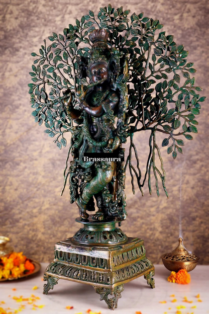 Brassaura™ Krishna Muralidhari Brass Idol – Height 35" | Weight 31 Kgs | Antique Gold Finish