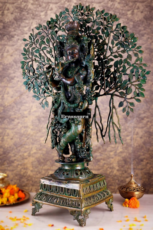 Brassaura® Krishna Muralidhari Brass Idol Under Sacred Tree | Antique Gold Finish with Green Leaves | Pure Solid Brass Handcrafted Murti for Home Temple, Spiritual Décor & Gifting | Height 35 Inches | Weight 31 Kg