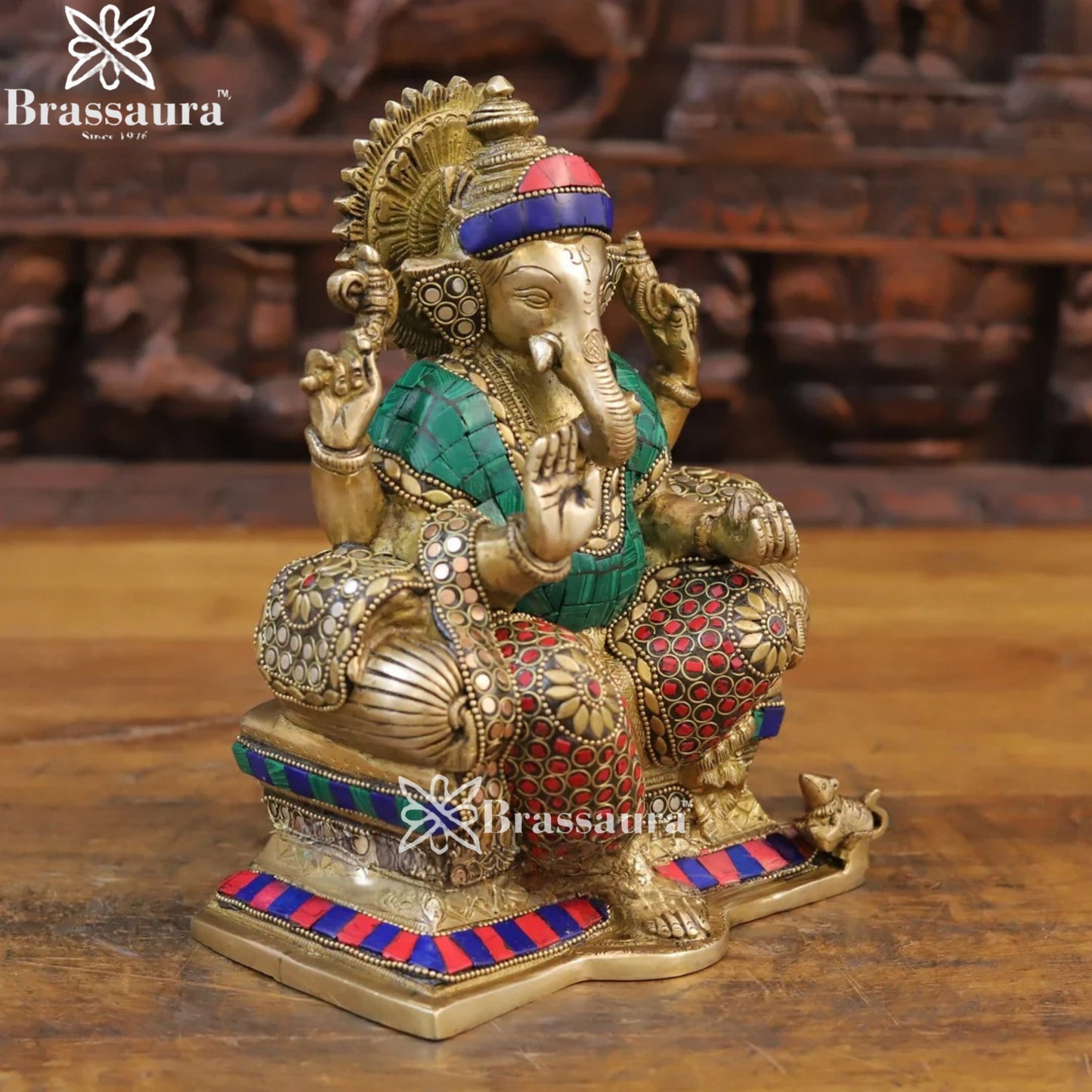 Brass Gem Stone Work Ganesha Weight 4.82 Kg & Height 9.5 Inch
