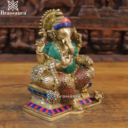 Brass Gem Stone Work Ganesha Weight 4.82 Kg & Height 9.5 Inch
