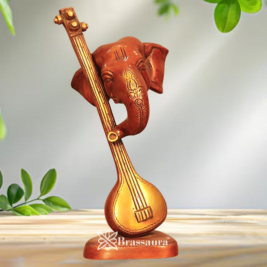 Brass Ganesha & Guitar Statue Weight 2.8 Kg & Height 11.6 Inch