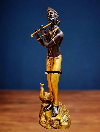 Brassaura™ Krishna Murlidhar Brass Idol – Height 29 Inches & Weight 18 Kgs | Black & Gold Finish
