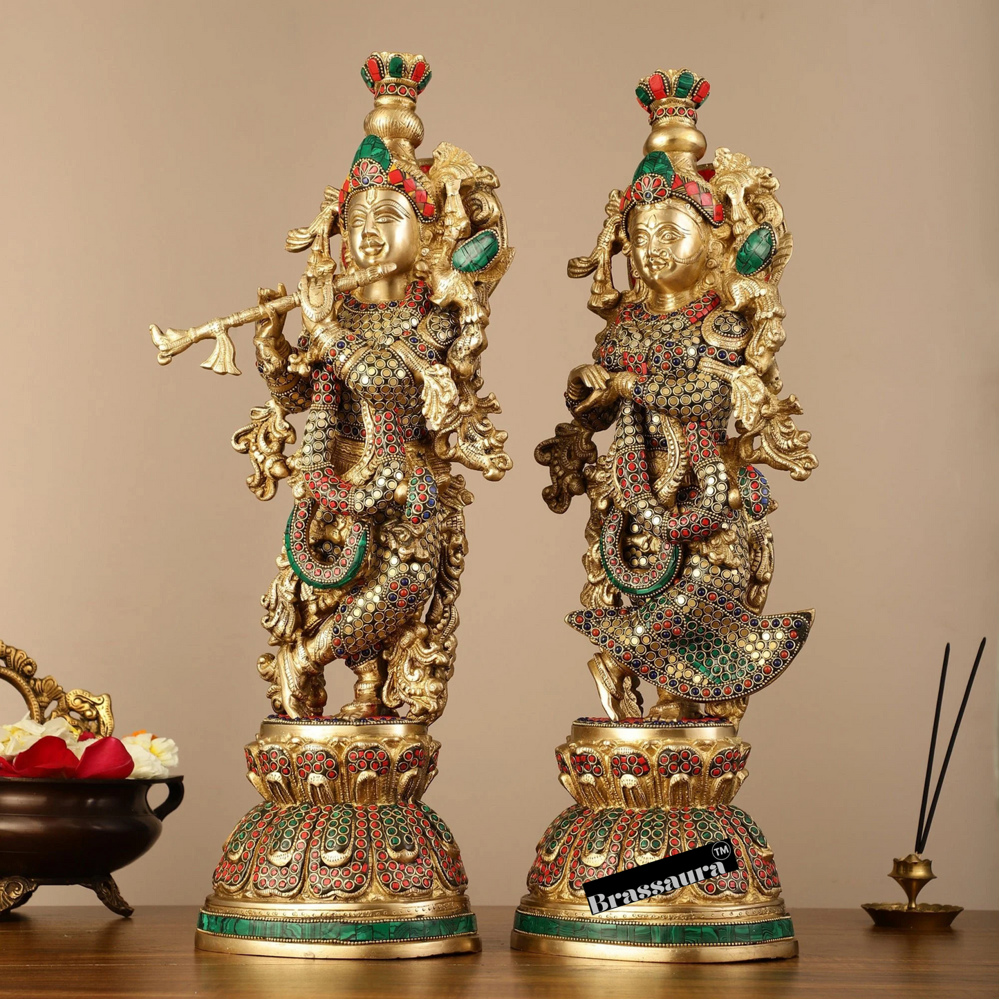 Brassaura™ Pure Brass Radha Krishna Statue with Brass Rings & Natural Stones – Height 21 Inches & Weight 18 Kgs | Elegant Devotional Idol