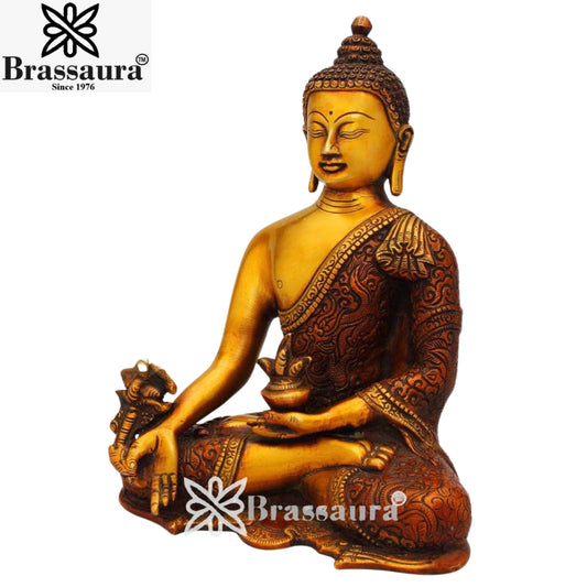 Brassaura® Vintage Buddha Idol for Home & Décor | Pure Superfine Brass Handcrafted Murti, Brass Statue for Home Temple, Pooja Room | Height 10 Inches | Weight 3.9 Kg